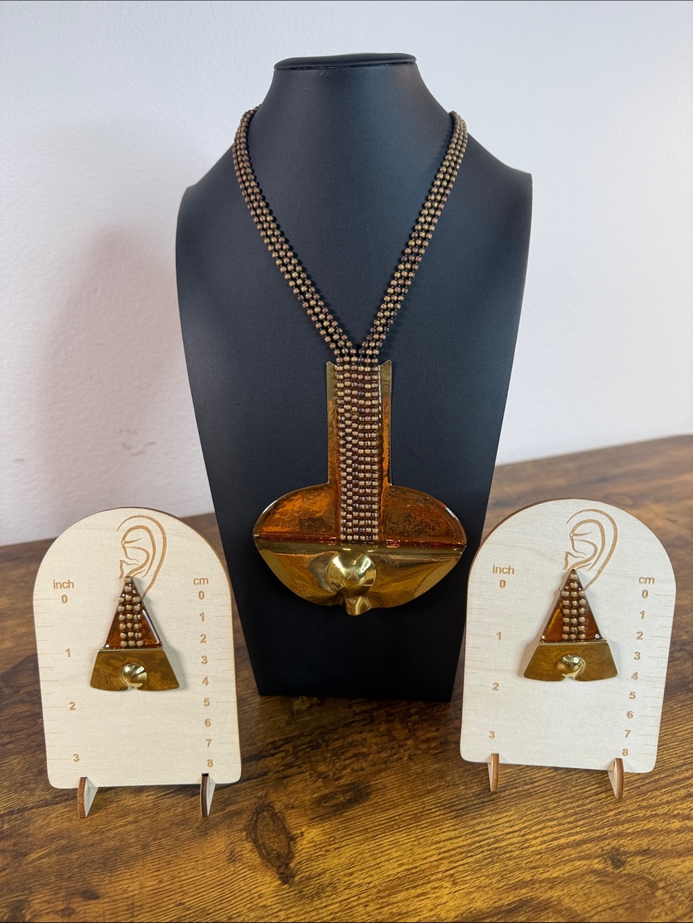Gold-Tone Copper Brass Statement Pendant Necklace & Earrings Set
